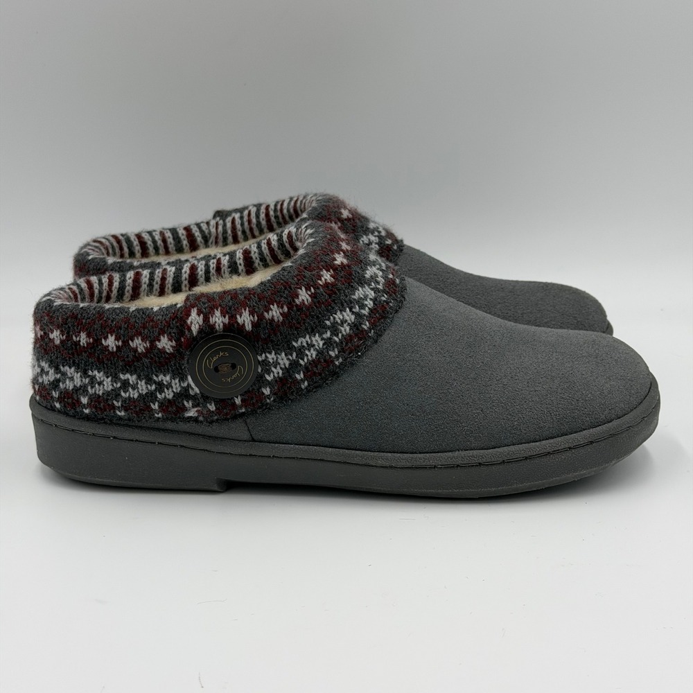 NWB Clarks Suede Sweater Clogs Gray Faux Fur Lined Slippers Women Sz 7 Fair Isle